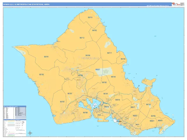 Honolulu Metro Area ZIP Code Wall Map, Business Reference style