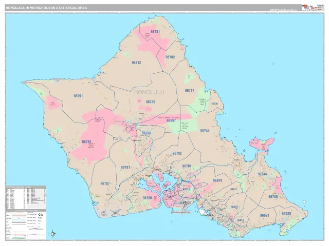 Honolulu Metro Area ZIP Code Wall Map, Classic style