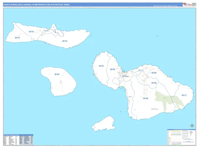 Kahului-Wailuku-Lahaina Metro Area ZIP Code Wall Map, Business Reference style