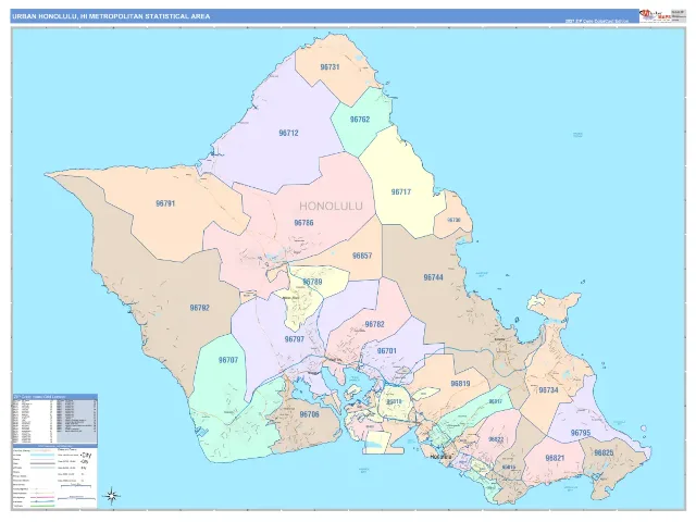 Urban Honolulu Metro Area ZIP Code Wall Map, ColorCast style