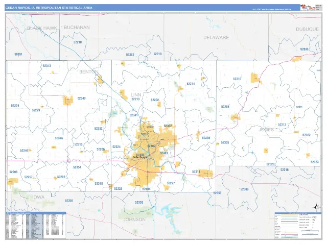Cedar Rapids Metro Area ZIP Code Wall Map, Business Reference style