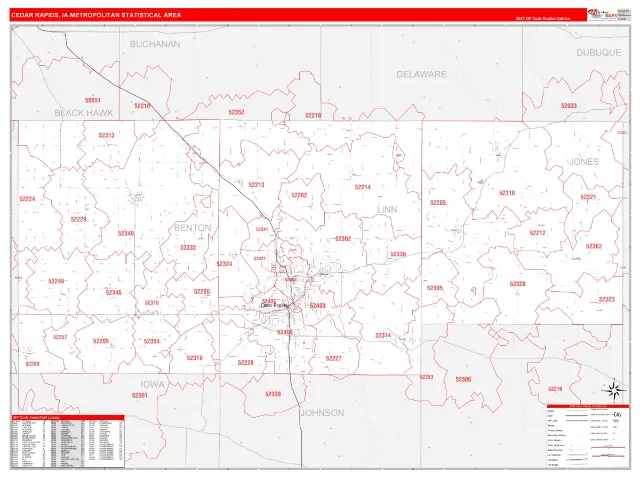 Cedar Rapids Metro Area ZIP Code Wall Map, RedLine style