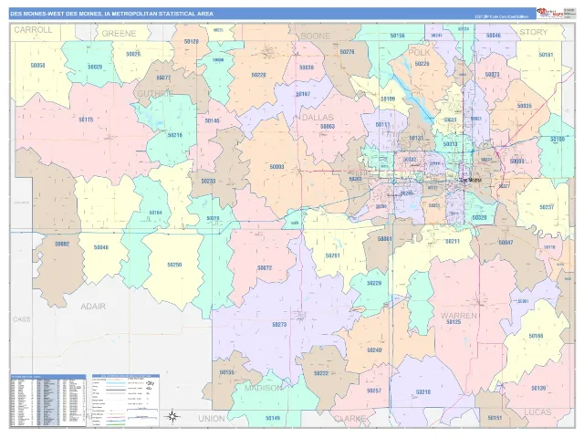 Des Moines-West Des Moines Metro Area ZIP Code Wall Map, ColorCast style