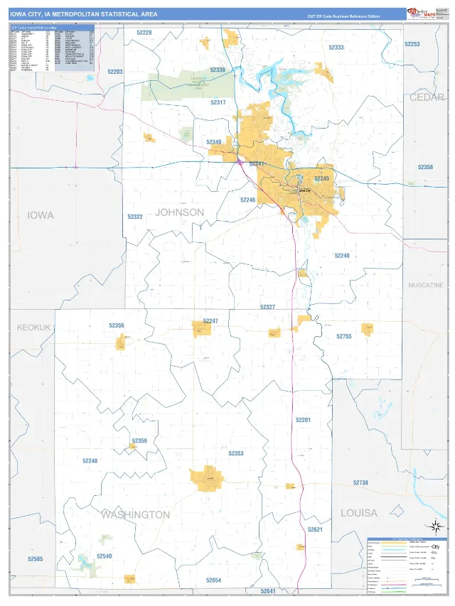 Iowa City Metro Area ZIP Code Wall Map, Business Reference style