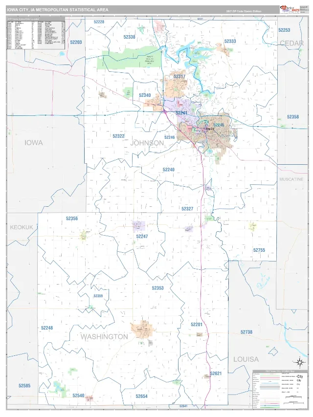 Iowa City Metro Area ZIP Code Wall Map, Classic style