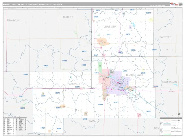 Waterloo-Cedar Falls Metro Area ZIP Code Wall Map, Classic style