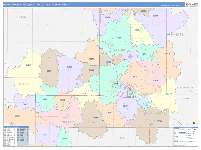 Waterloo-Cedar Falls Metro Area ZIP Code Wall Map, ColorCast style