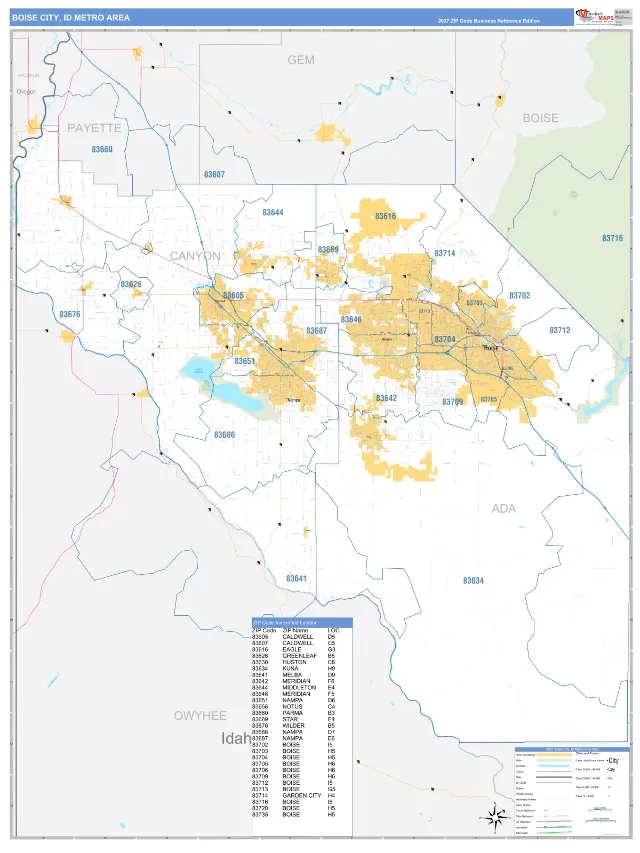 Boise City Metro Area ZIP Code Wall Map, Business Reference style