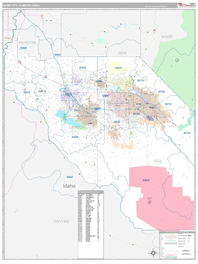 Boise City Metro Area ZIP Code Wall Map, Classic style