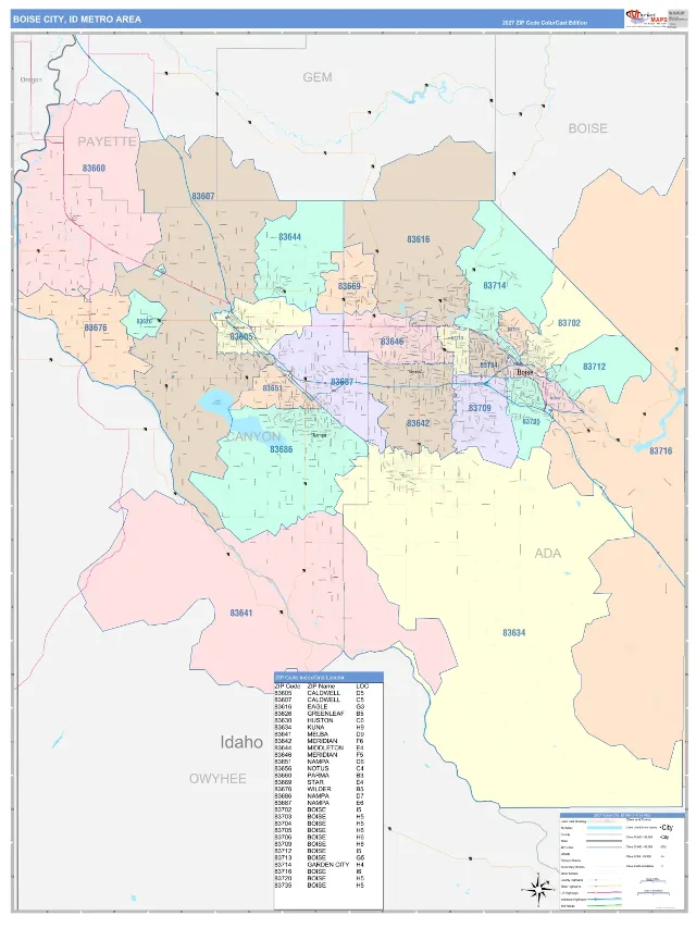 Boise City Metro Area ZIP Code Wall Map, ColorCast style