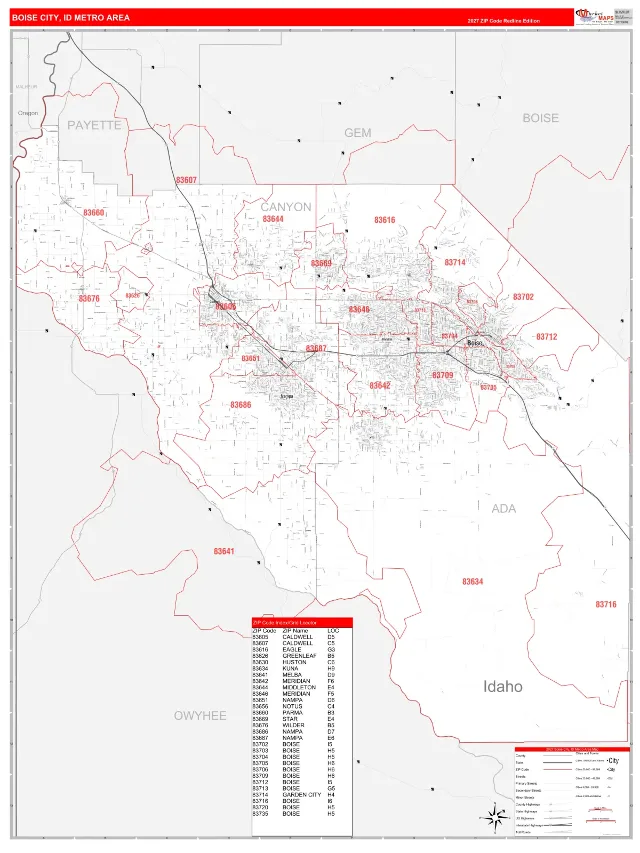 Boise City Metro Area ZIP Code Wall Map, RedLine style