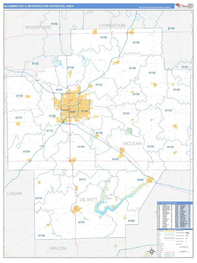 Bloomington Metro Area ZIP Code Wall Map, Business Reference style