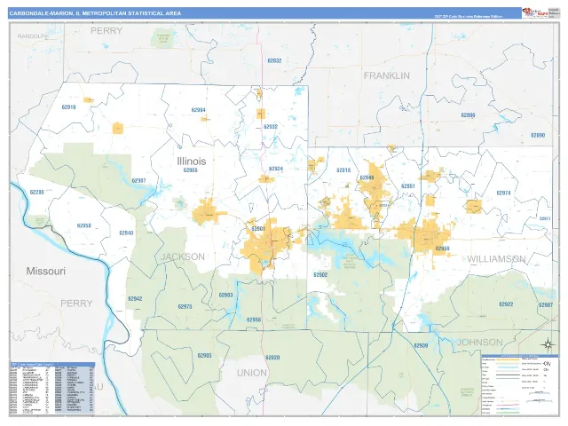 Carbondale-Marion Metro Area ZIP Code Wall Map, Business Reference style