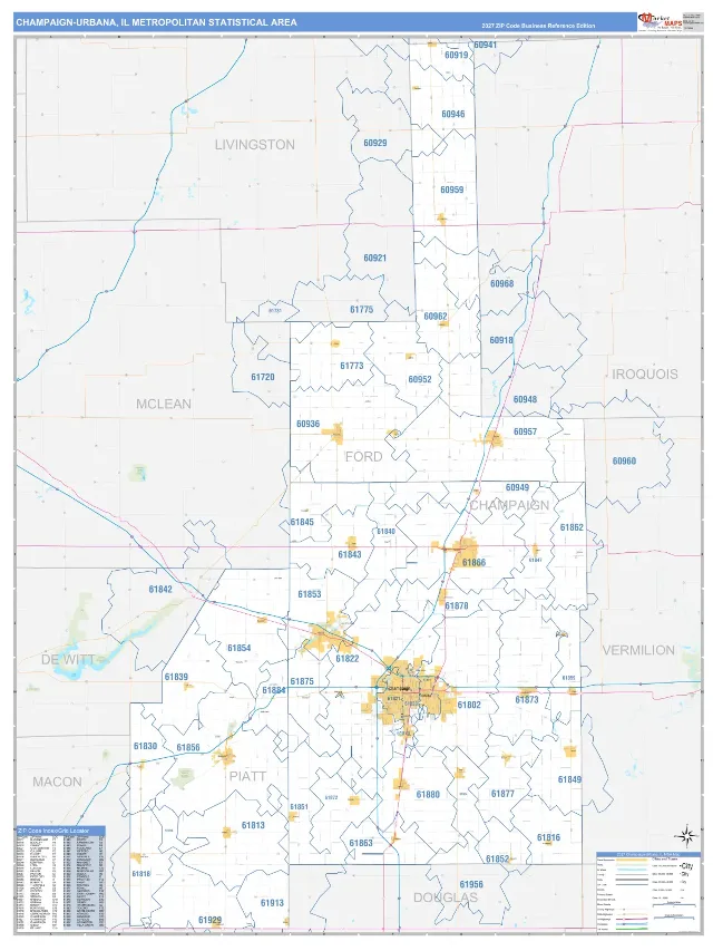 Champaign-Urbana Metro Area ZIP Code Wall Map, Business Reference style