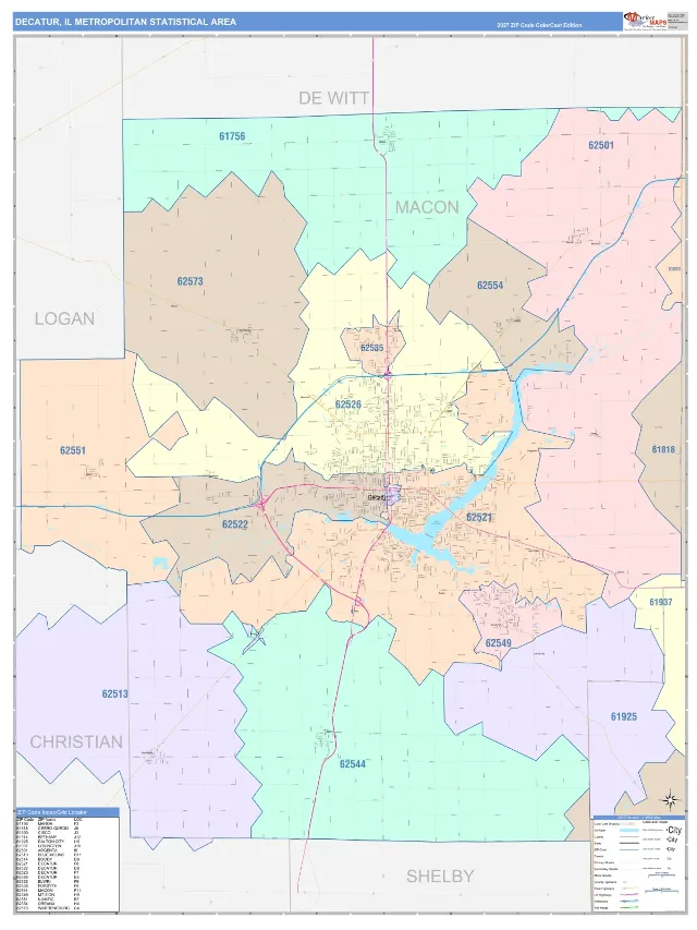 Decatur Metro Area ZIP Code Wall Map, ColorCast style