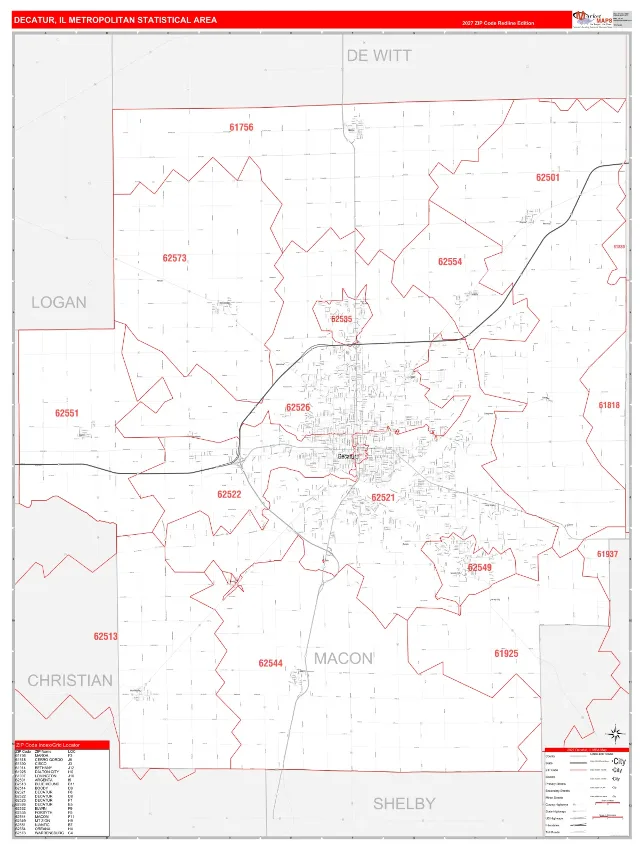 Decatur Metro Area ZIP Code Wall Map, RedLine style