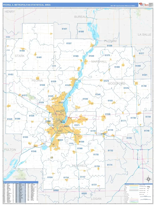 Peoria Metro Area ZIP Code Wall Map, Business Reference style