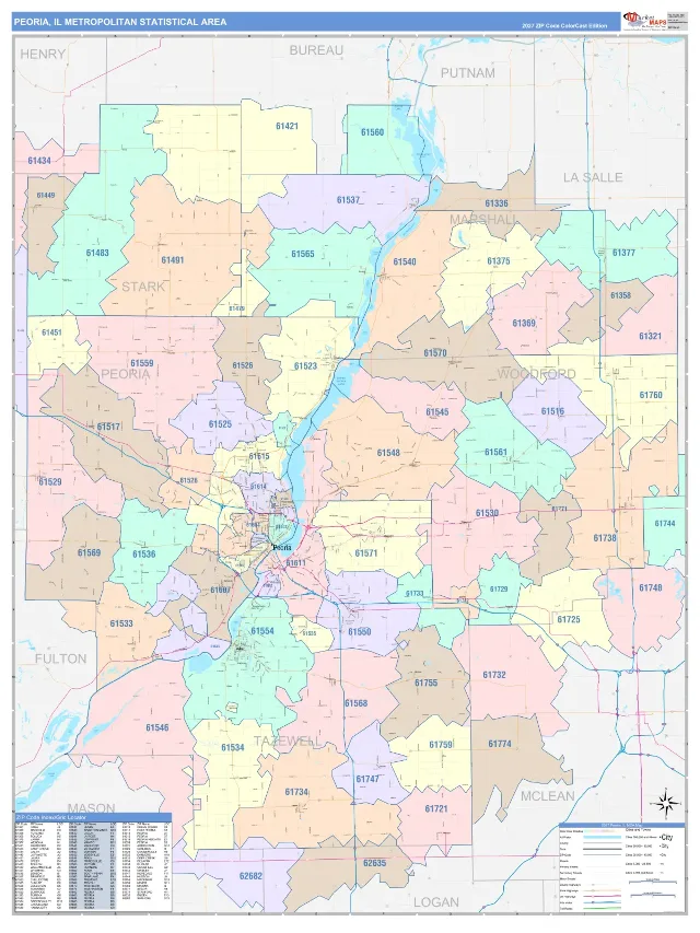 Peoria Metro Area ZIP Code Wall Map, ColorCast style