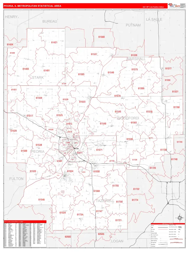 Peoria Metro Area ZIP Code Wall Map, RedLine style