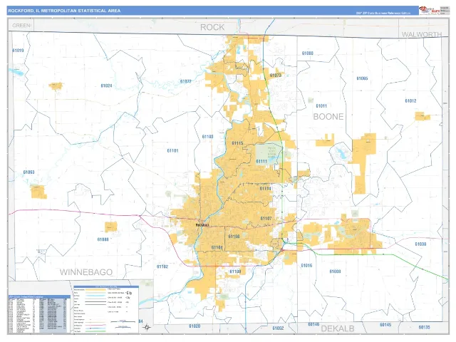 Rockford Metro Area ZIP Code Wall Map, Business Reference style