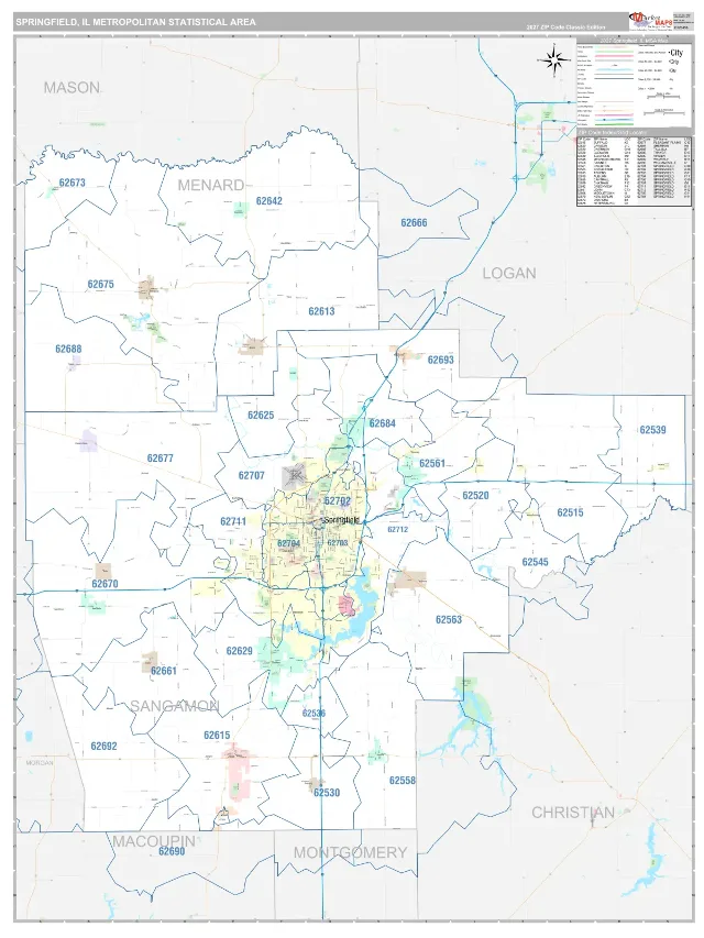Springfield Metro Area ZIP Code Wall Map, Classic style