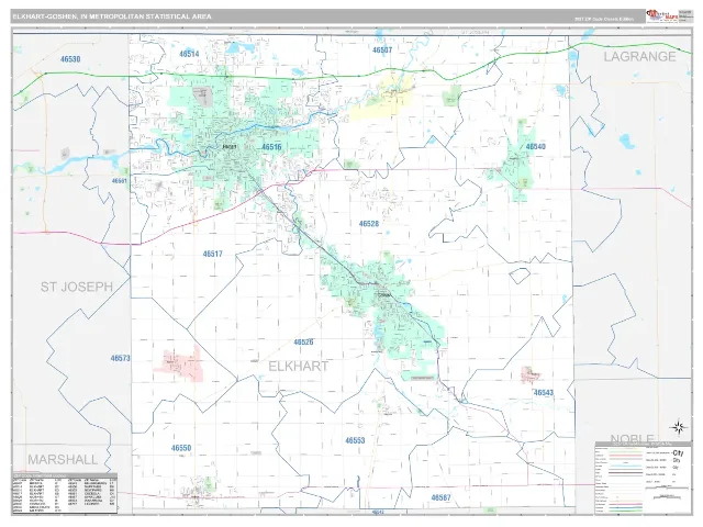 Elkhart-Goshen Metro Area ZIP Code Wall Map, Classic style