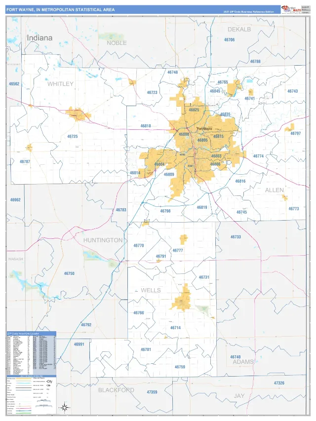 Fort Wayne Metro Area ZIP Code Wall Map, Business Reference style