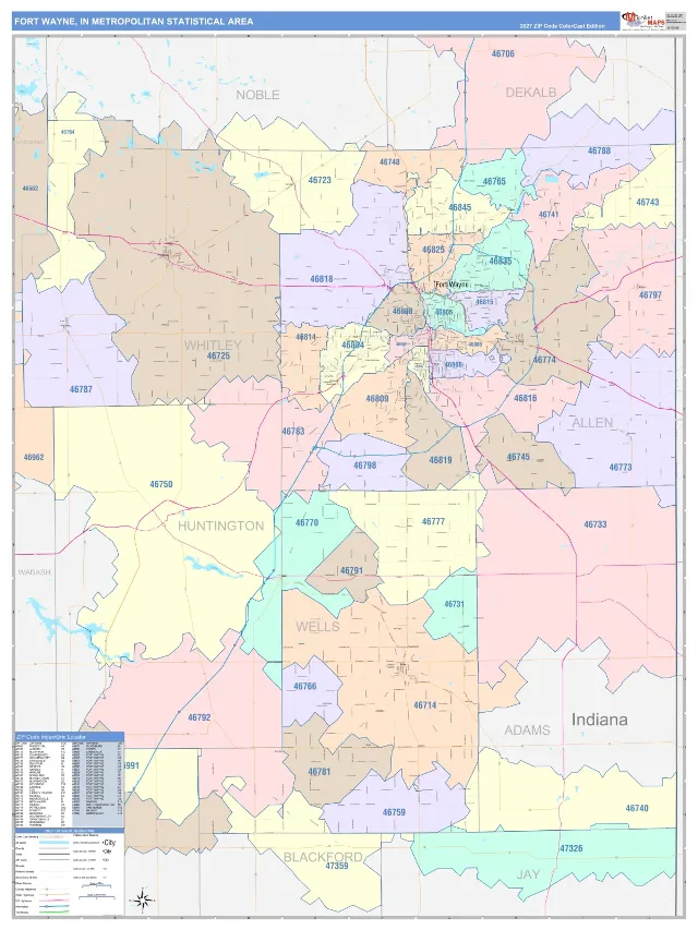 Fort Wayne Metro Area ZIP Code Wall Map, ColorCast style