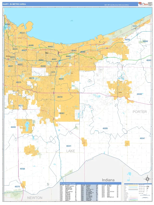 Gary Metro Area ZIP Code Wall Map, Business Reference style