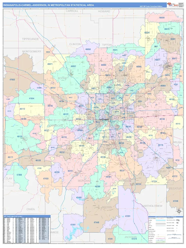 Indianapolis-Carmel-Anderson Metro Area ZIP Code Wall Map, ColorCast style