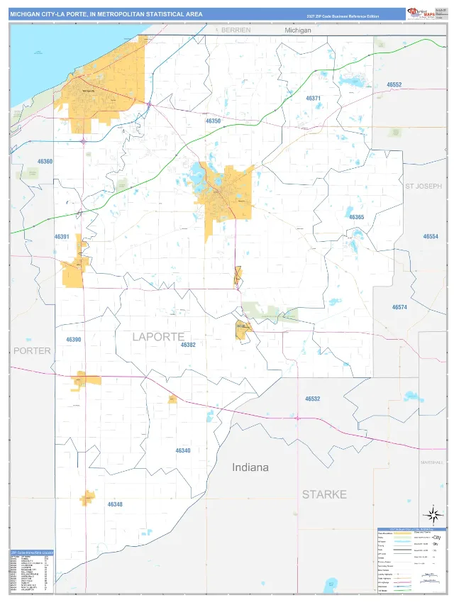 Michigan City-La Porte Metro Area ZIP Code Wall Map, Business Reference style