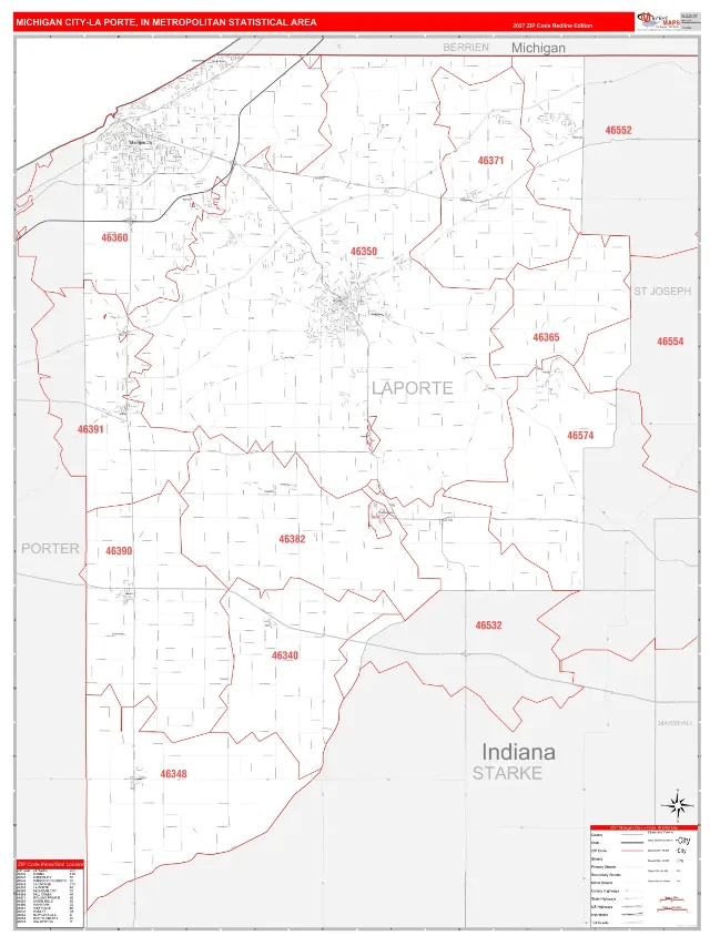 Michigan City-La Porte Metro Area ZIP Code Wall Map, RedLine style