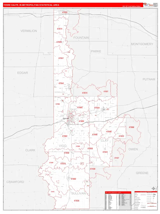 Terre Haute Metro Area ZIP Code Wall Map, RedLine style