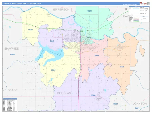 Lawrence Metro Area ZIP Code Wall Map, ColorCast style