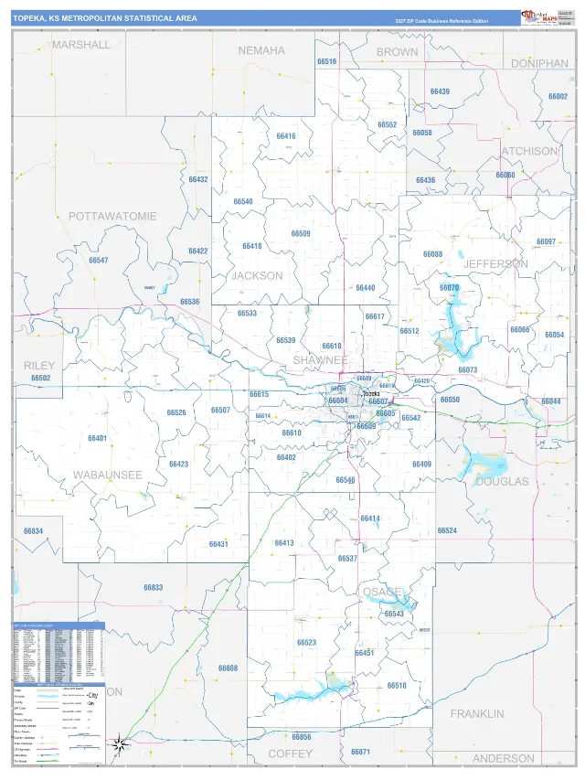 Topeka Metro Area ZIP Code Wall Map, Business Reference style