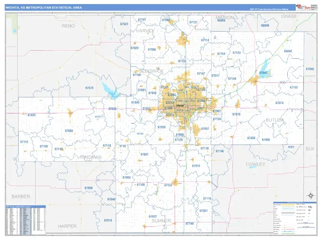 Wichita Metro Area ZIP Code Wall Map, Business Reference style