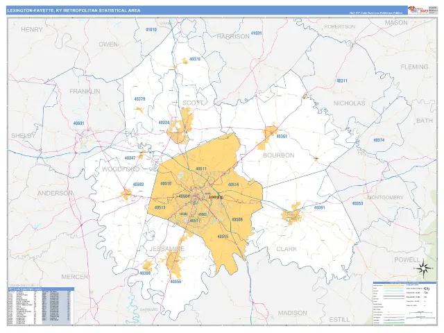 Lexington-Fayette Metro Area ZIP Code Wall Map, Business Reference style