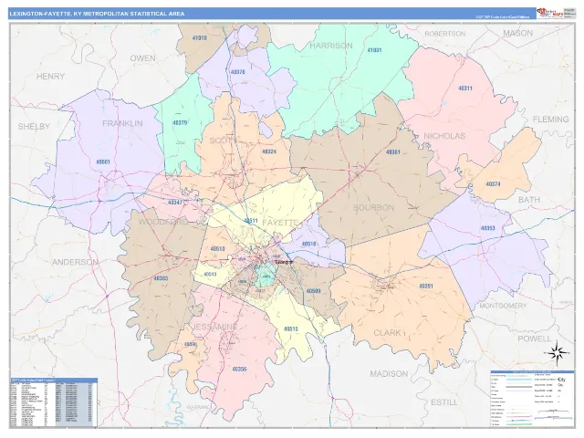 Lexington-Fayette Metro Area ZIP Code Wall Map, ColorCast style