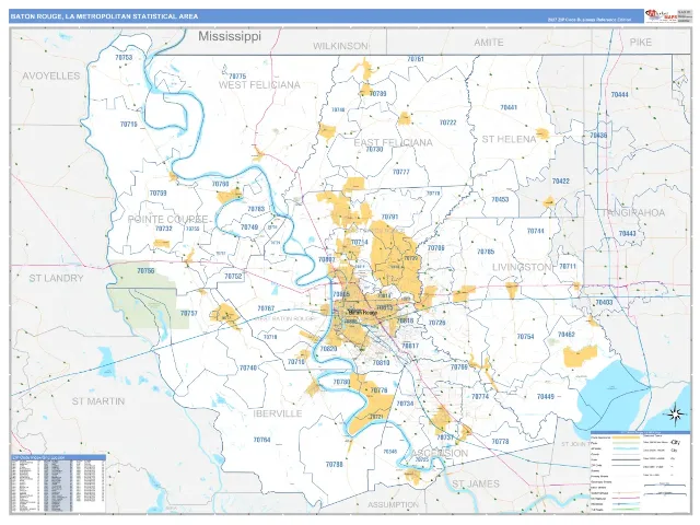 Baton Rouge Metro Area ZIP Code Wall Map, Business Reference style