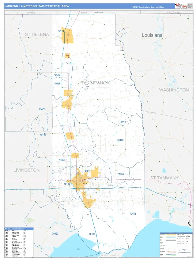 Hammond Metro Area ZIP Code Wall Map, Business Reference style