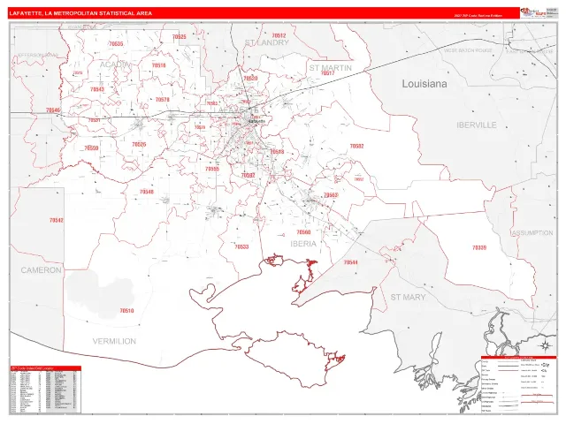 Lafayette Metro Area ZIP Code Wall Map, RedLine style