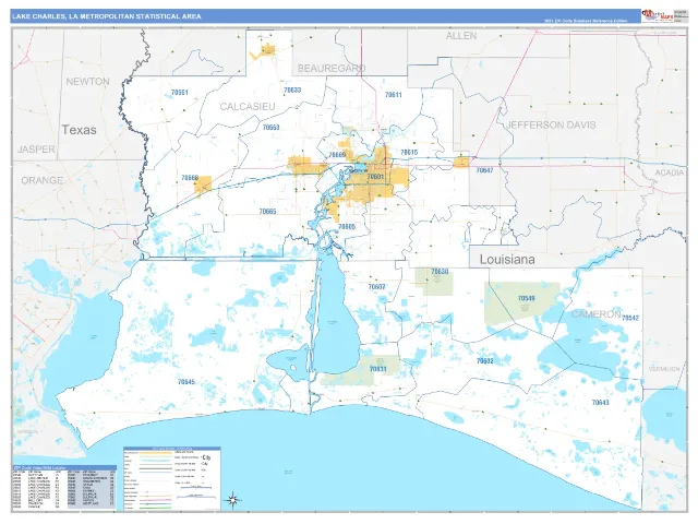 Lake Charles Metro Area ZIP Code Wall Map, Business Reference style