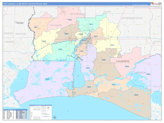 Lake Charles Metro Area ZIP Code Wall Map, ColorCast style