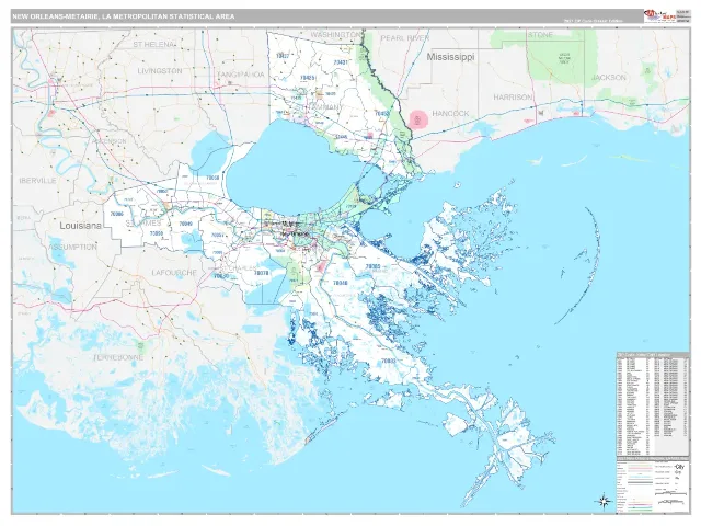 New Orleans-Metairie Metro Area ZIP Code Wall Map, Classic style
