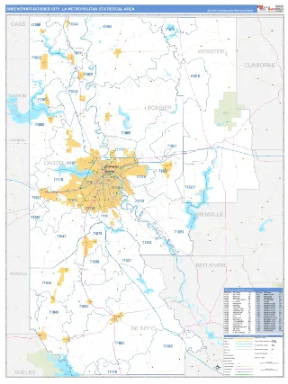 Shreveport-Bossier City Metro Area Business Reference style ZIP Code wall map