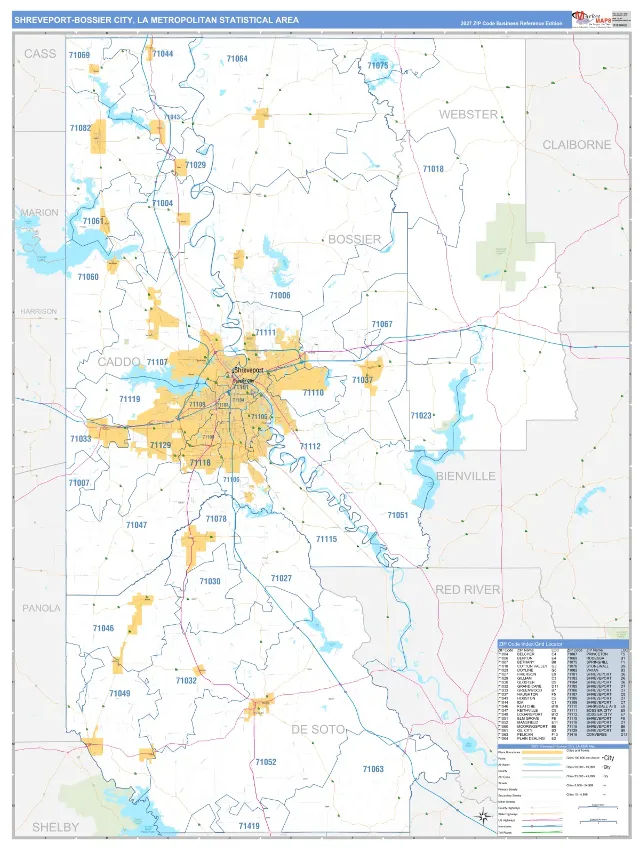 Shreveport-Bossier City Metro Area ZIP Code Wall Map, Business Reference style