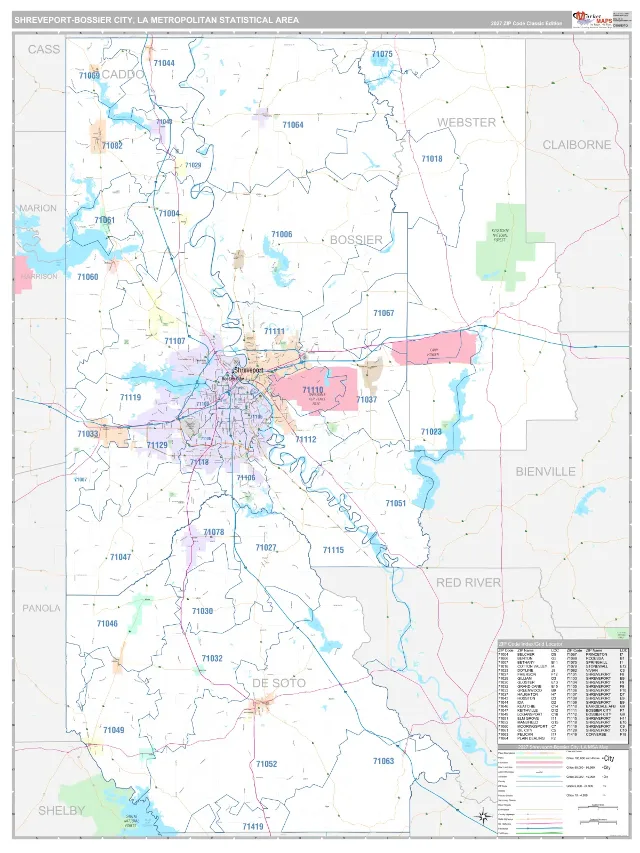 Shreveport-Bossier City Metro Area ZIP Code Wall Map, Classic style