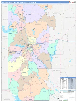 Shreveport-Bossier City Metro Area ColorCast style ZIP Code wall map