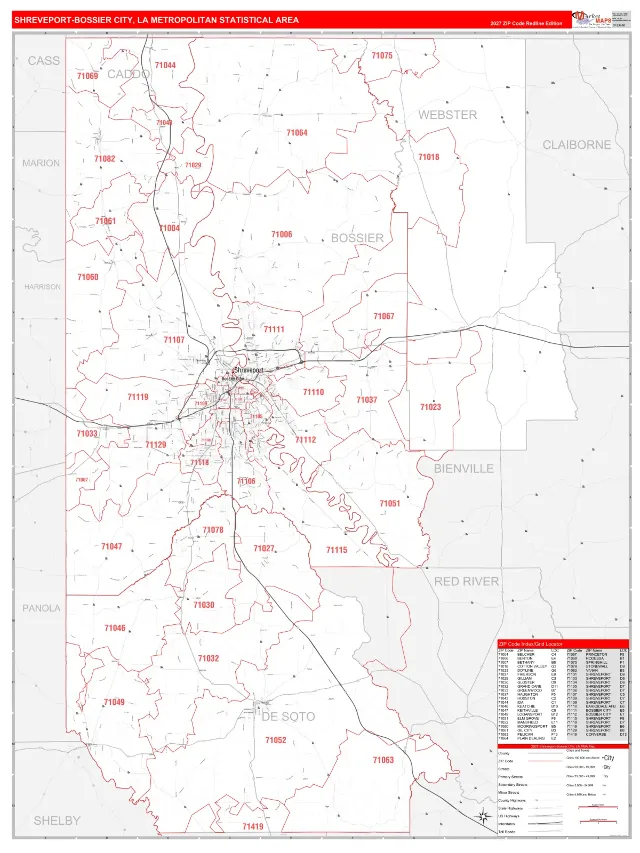 Shreveport-Bossier City Metro Area ZIP Code Wall Map, RedLine style