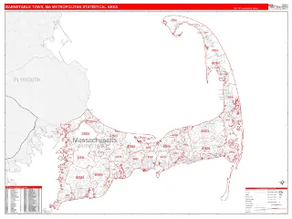 Barnstable Town Metro Area RedLine style ZIP Code wall map